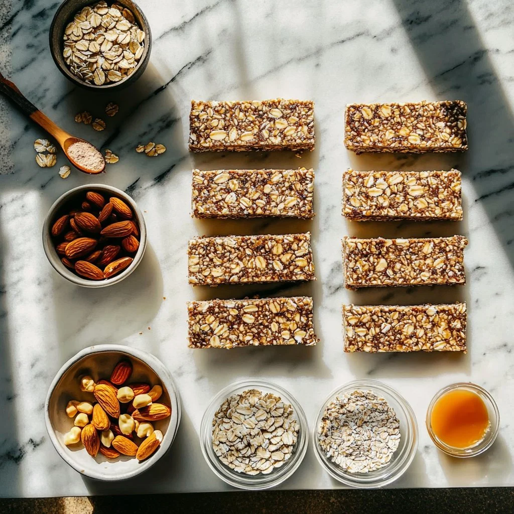 Homemade easy protein bars stacked on a wooden table