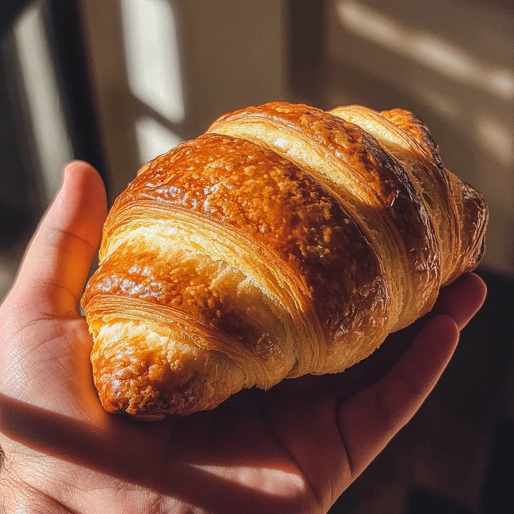 Freshly baked sourdough croissants on a wooden table