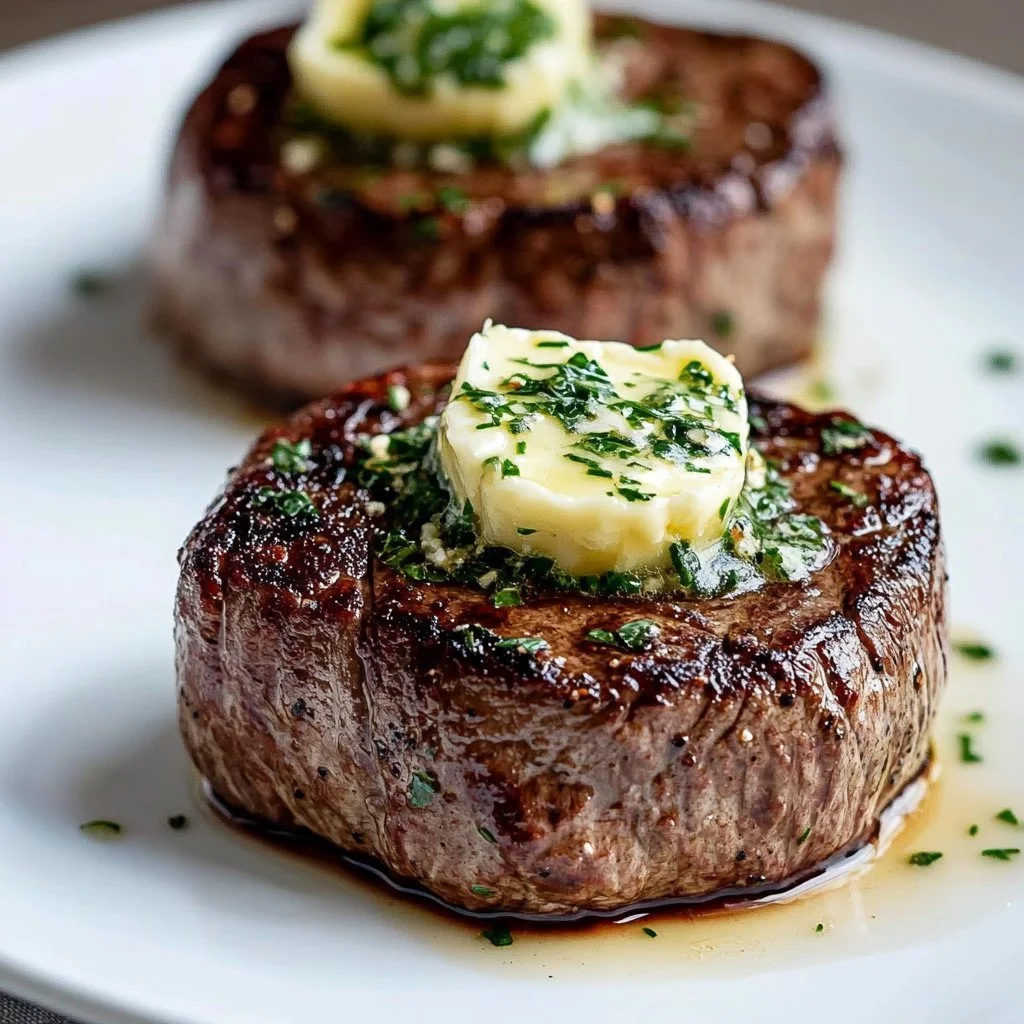 Delicious filet mignon topped with garlic herb butter served on a plate.