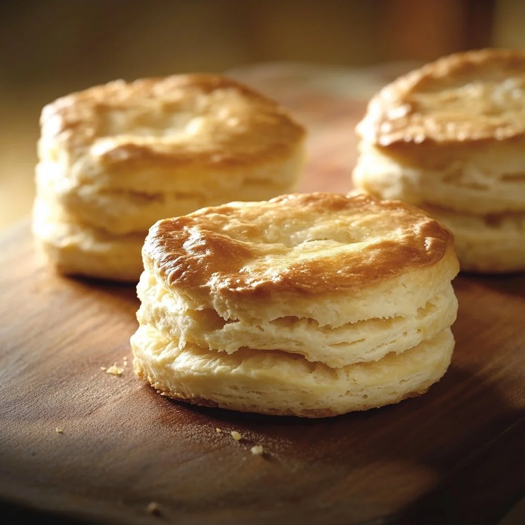 Flaky sourdough buttermilk biscuits on a rustic wooden table