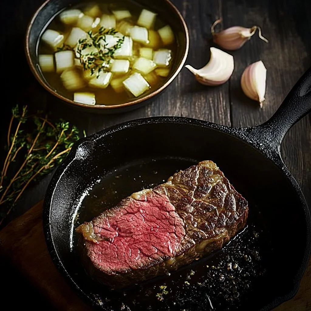 Juicy flat iron steak grilled to perfection with seasoning and herbs