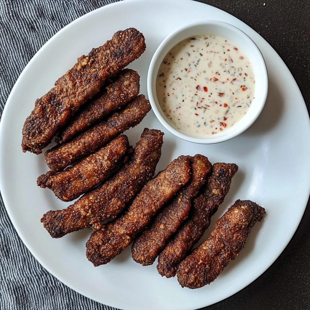 Fried venison cube steak fingers served with dipping sauce on a plate.
