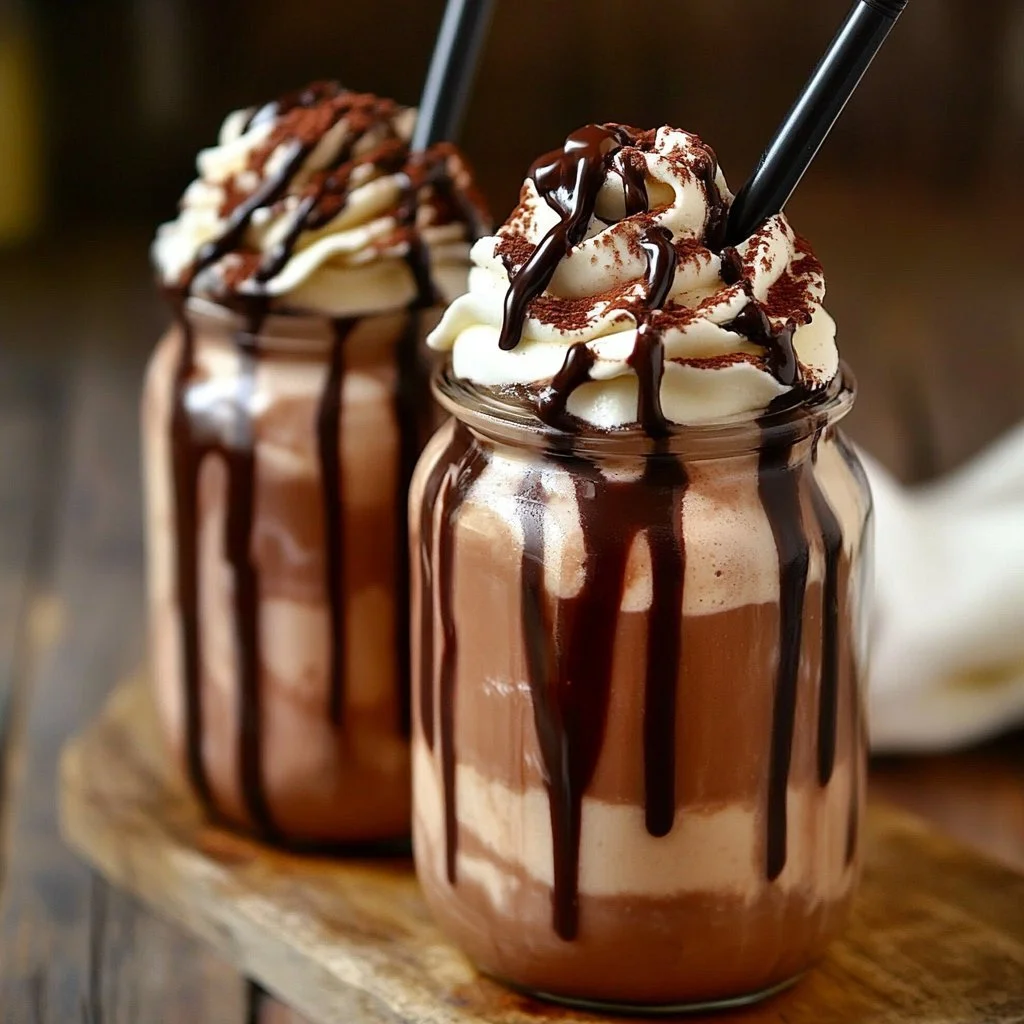 Delicious frozen hot chocolate topped with whipped cream and chocolate shavings