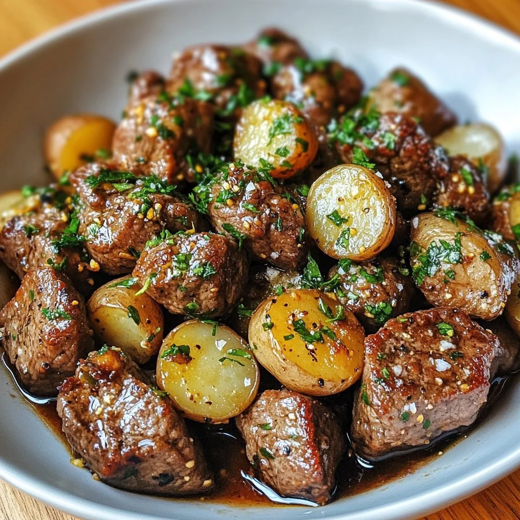 Garlic Butter Beef Bites served with baby potatoes on a plate