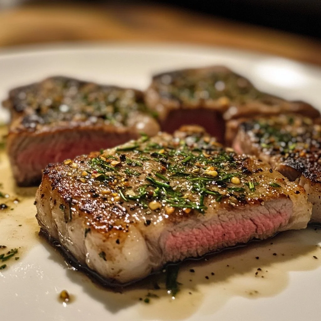 Juicy Garlic Butter Herb Steak garnished with fresh herbs