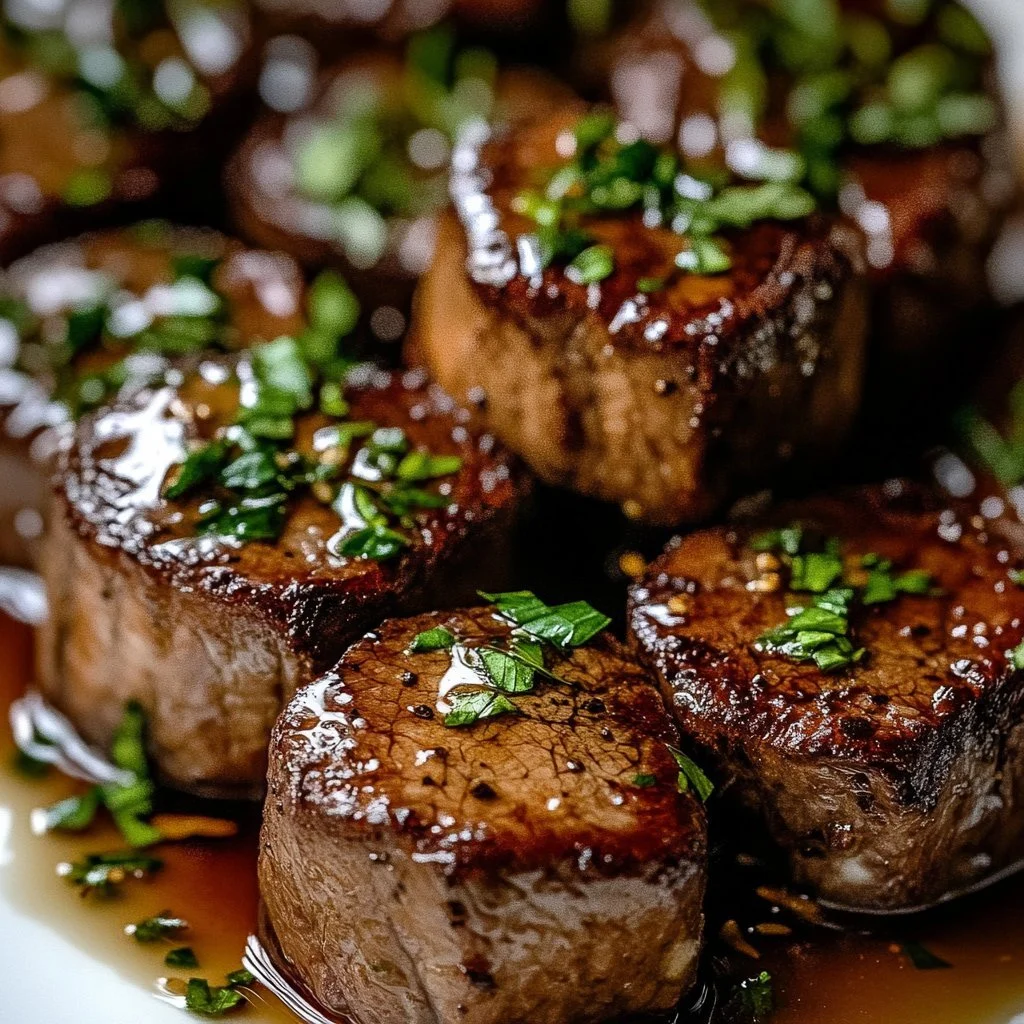 Garlic butter steak bites served hot on a plate.