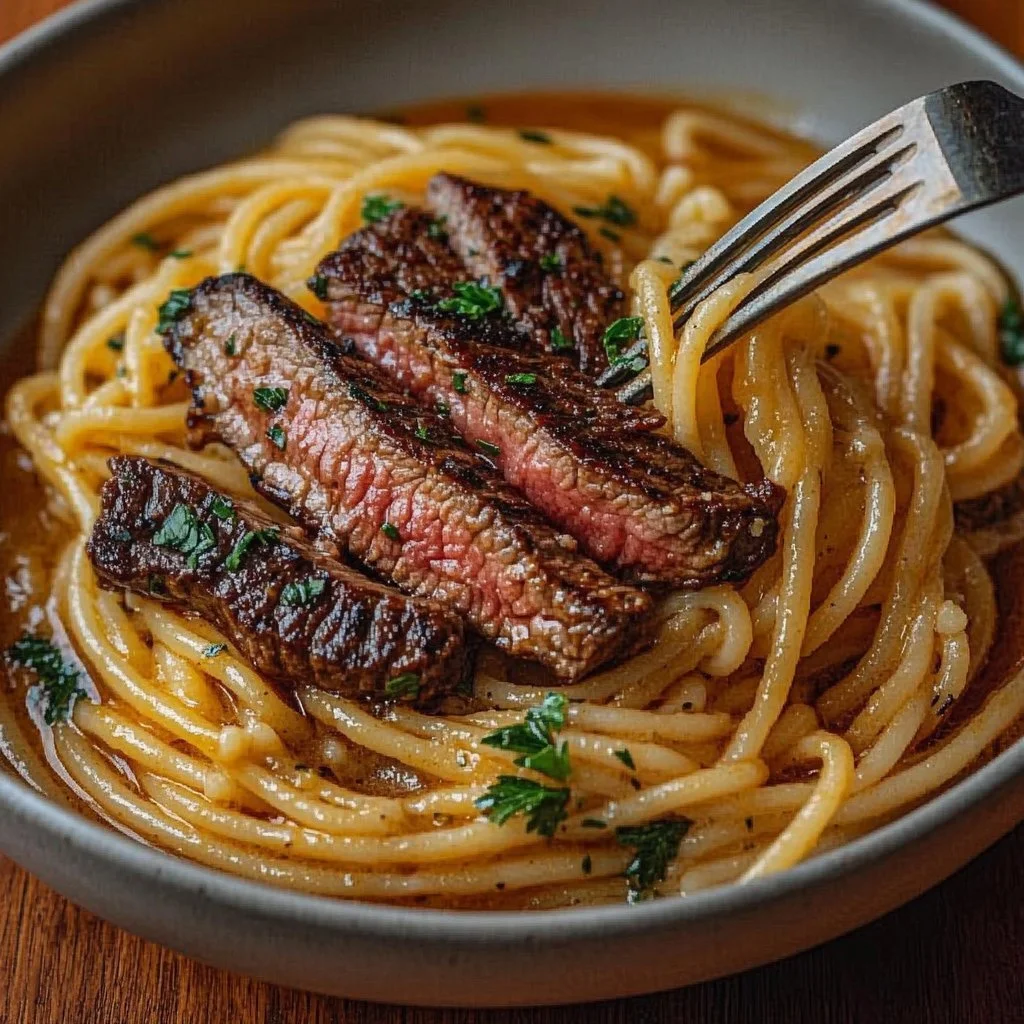 Plate of garlic butter steak served with lightning noodles, garnished with herbs.