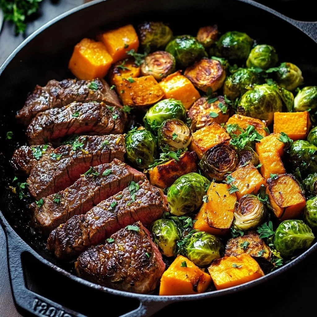 Delicious garlic butter steak served with roasted Brussels sprouts and sweet potatoes