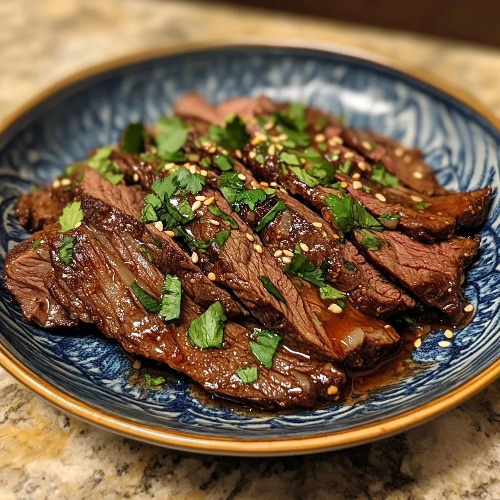 Gochujang marinated skirt steak garnished with green onions and sesame seeds