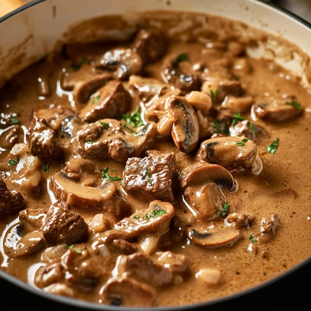 Gordon Ramsay's Beef Stroganoff on a plate with creamy sauce and mushrooms