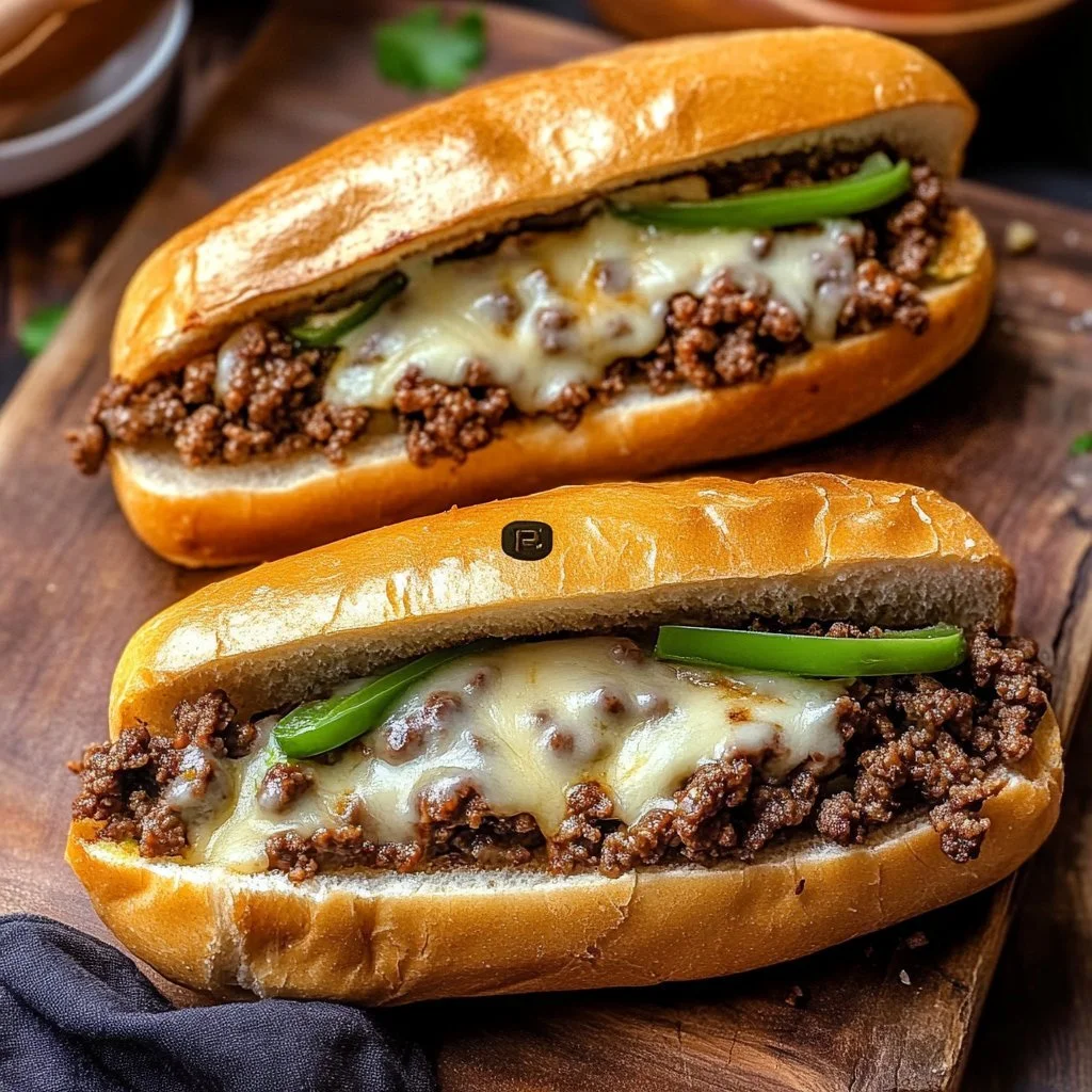 Delicious Ground Beef Philly Cheesesteak sandwich loaded with toppings.