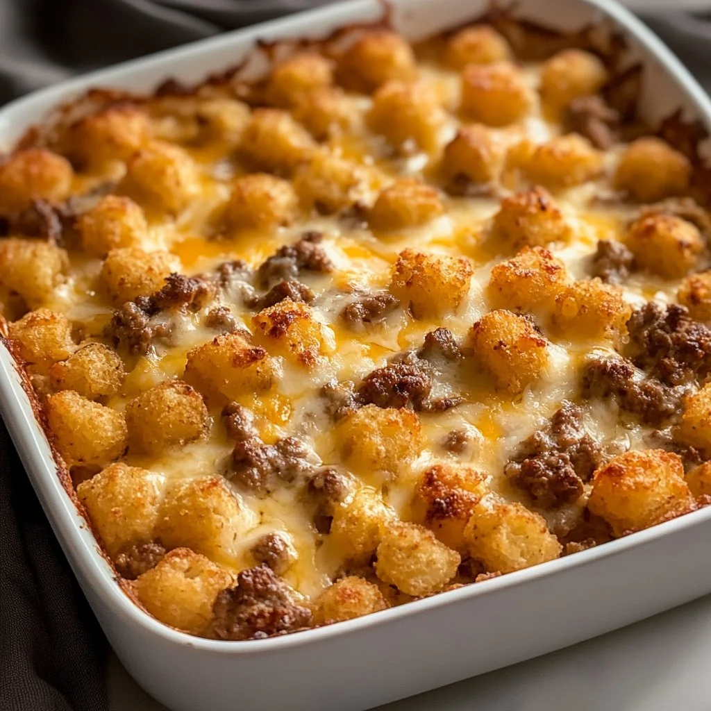 Healthy ground venison tater tot casserole topped with crispy tater tots