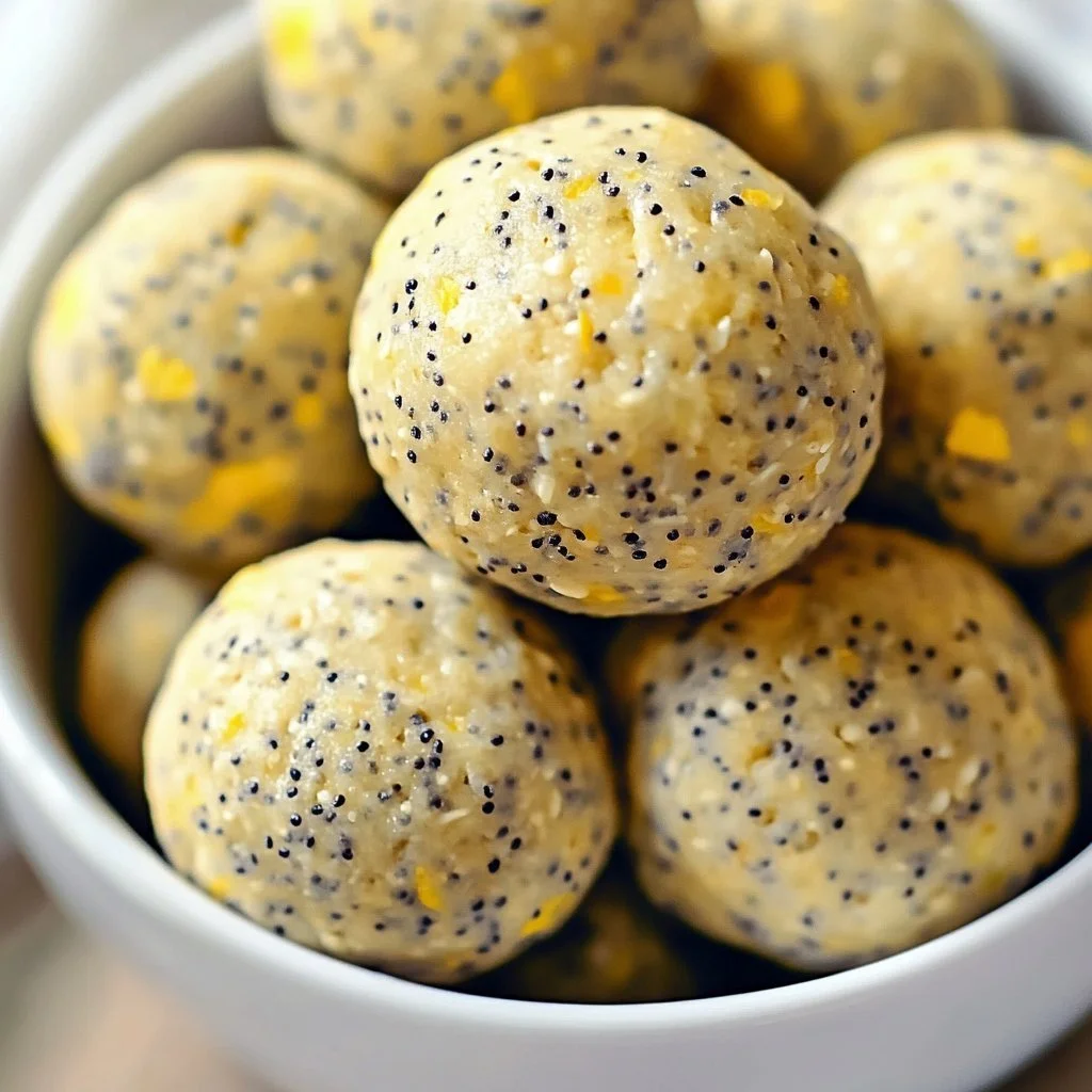 Healthy lemon poppy seed energy bites on a white plate