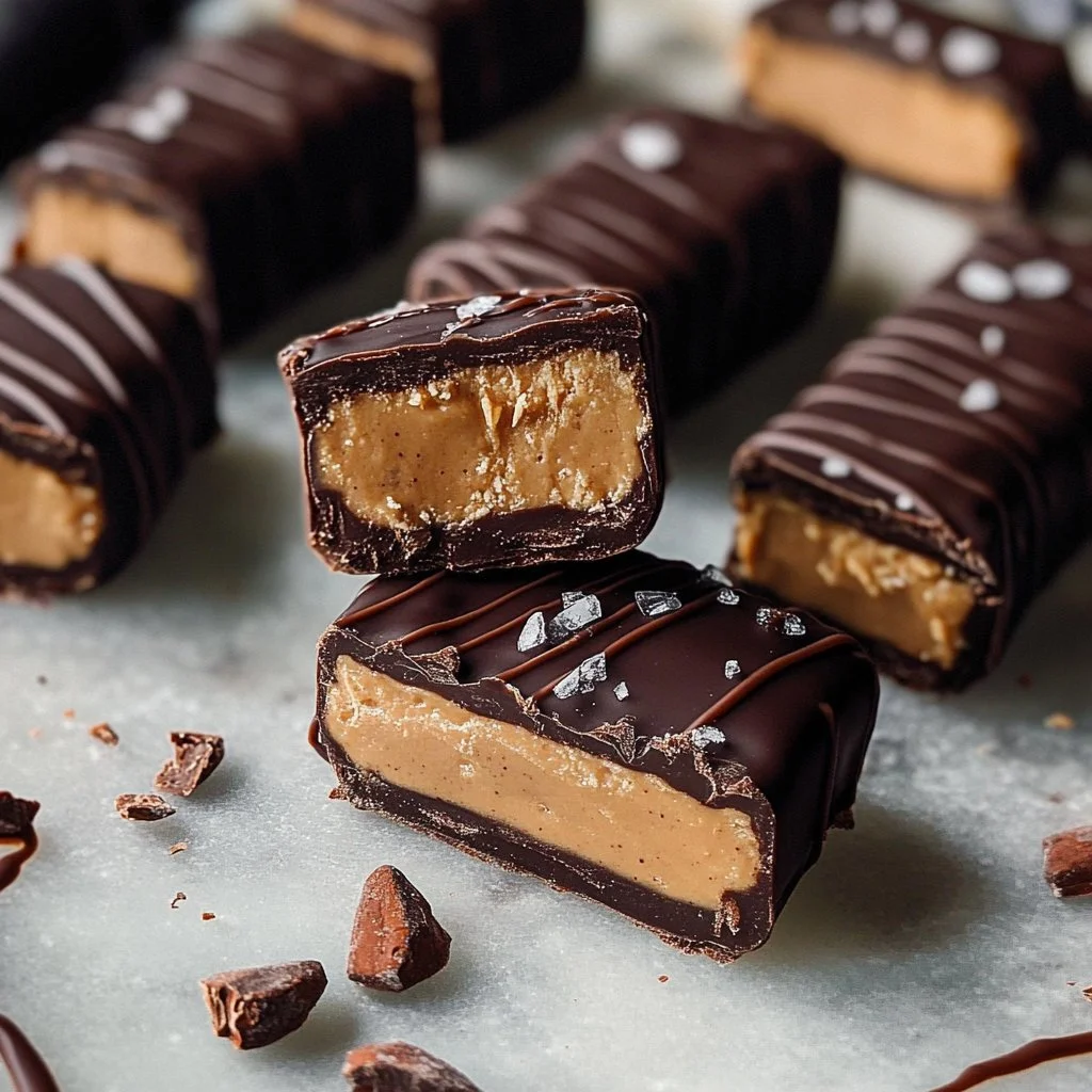 Delicious homemade protein Snickers bars stacked on a plate