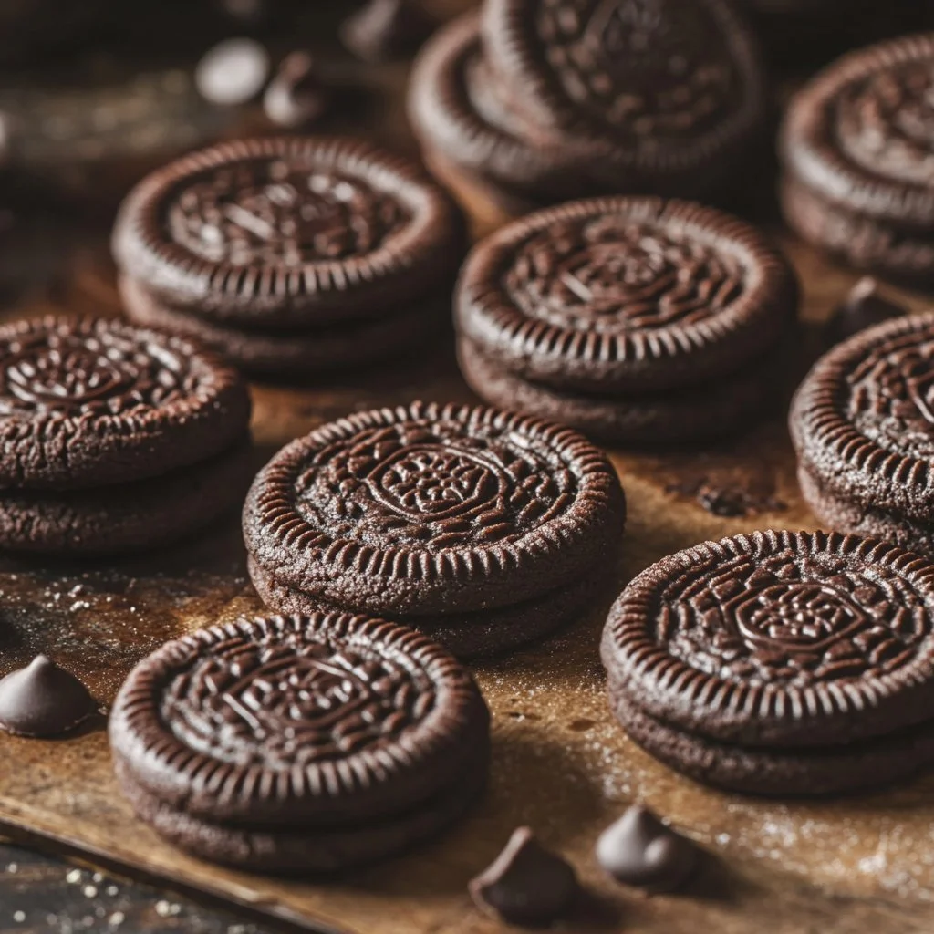 Homemade sourdough Oreo cookies on a rustic wooden table