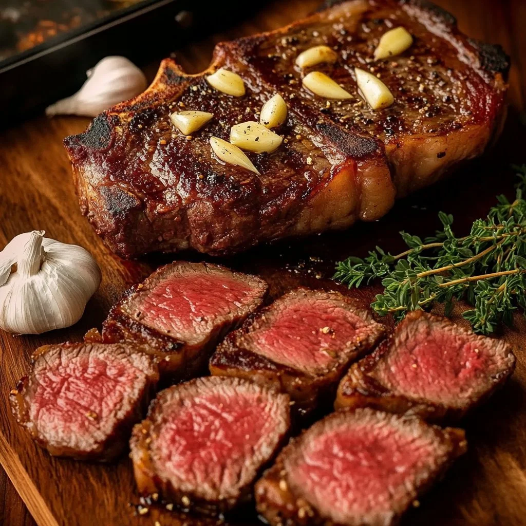 Perfectly cooked ribeye steak prepared in the oven
