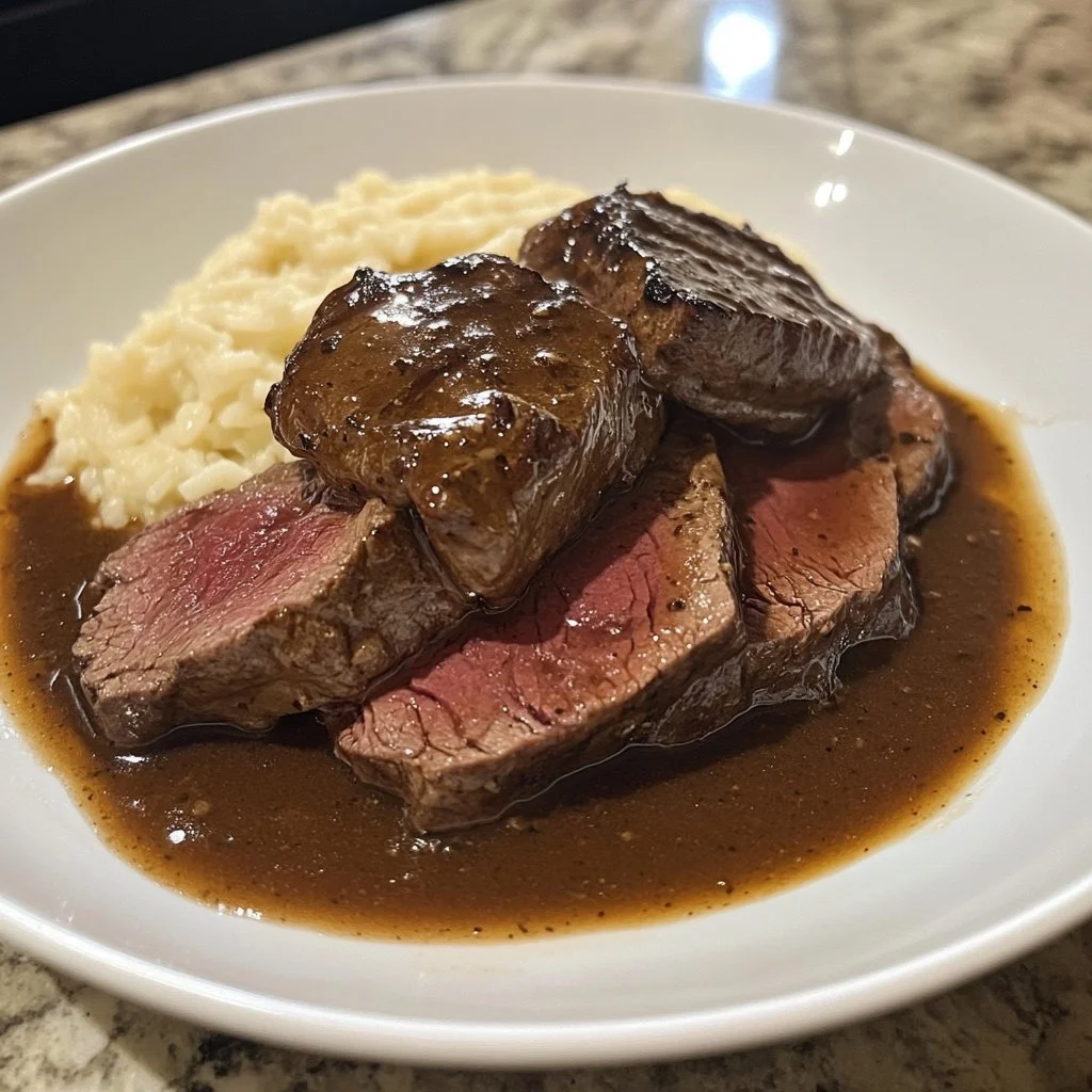 Delicious Instant Pot venison steak served with herbs and vegetables.