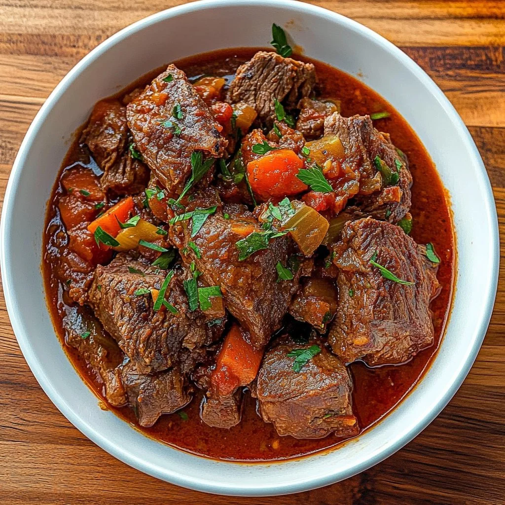 Italian Pot Roast served with herbs and vegetables in a rustic dish
