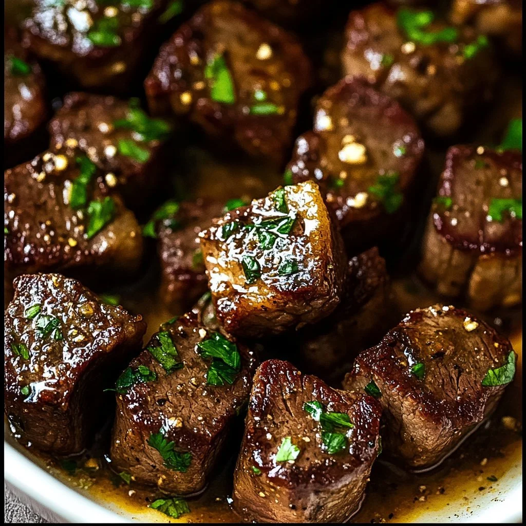 Delicious garlic butter steak bites served with herbs and spices