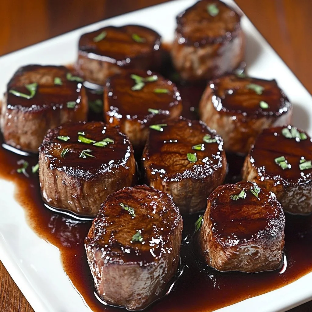 Maple glazed venison tenderloin served with garnishes on a plate