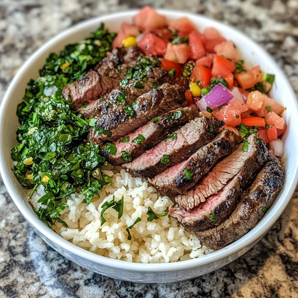Mediterranean steak bowl with fresh vegetables and savory steak