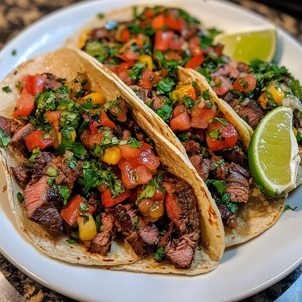 Mouthwatering Mexican steak tacos topped with fresh cilantro and lime