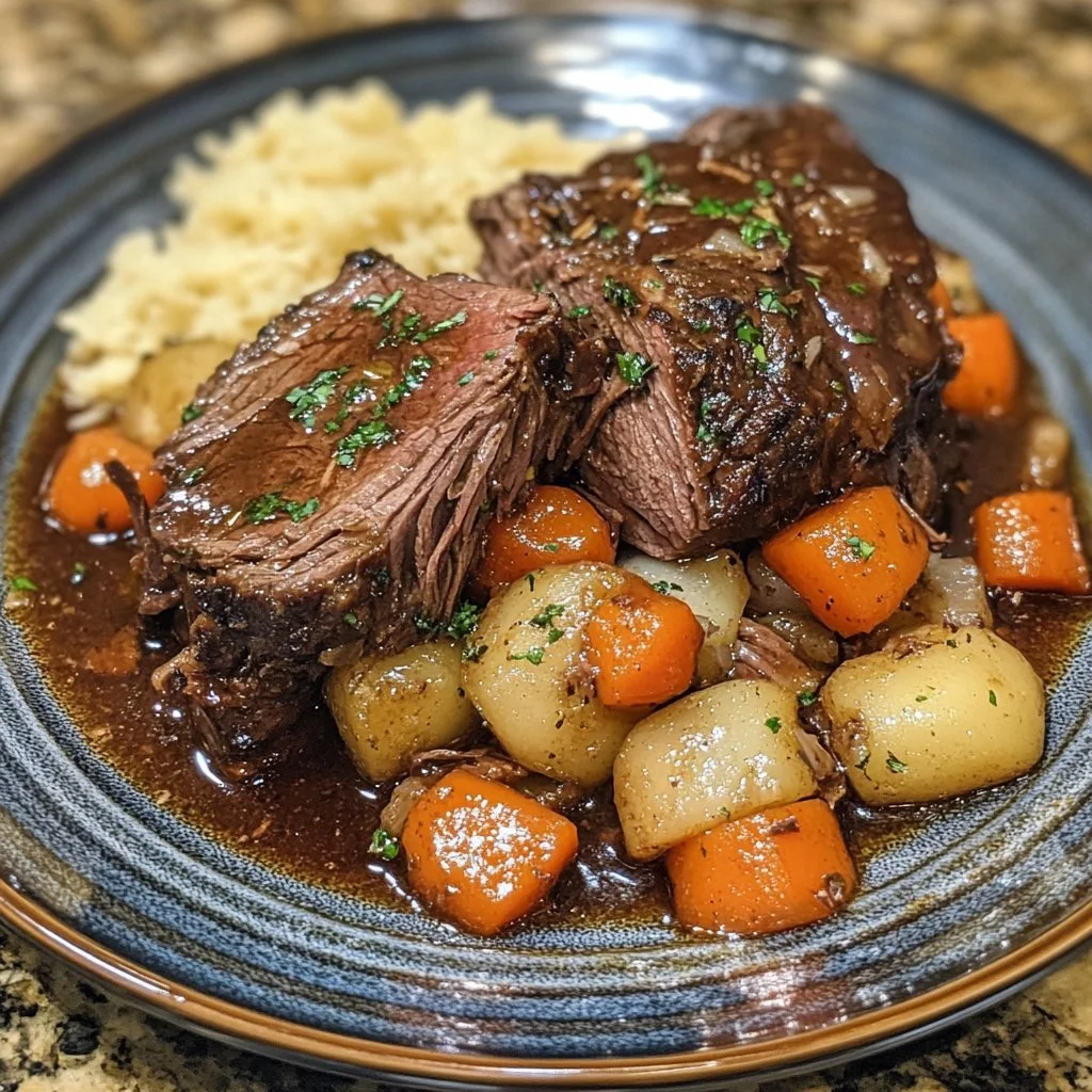 Delicious Mississippi Venison Pot Roast served with carrots and potatoes