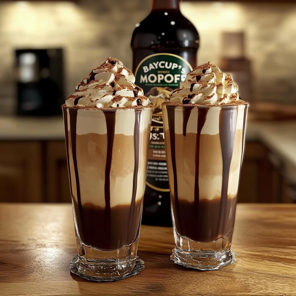 Delicious Mocha Frappuccino topped with whipped cream and chocolate drizzle