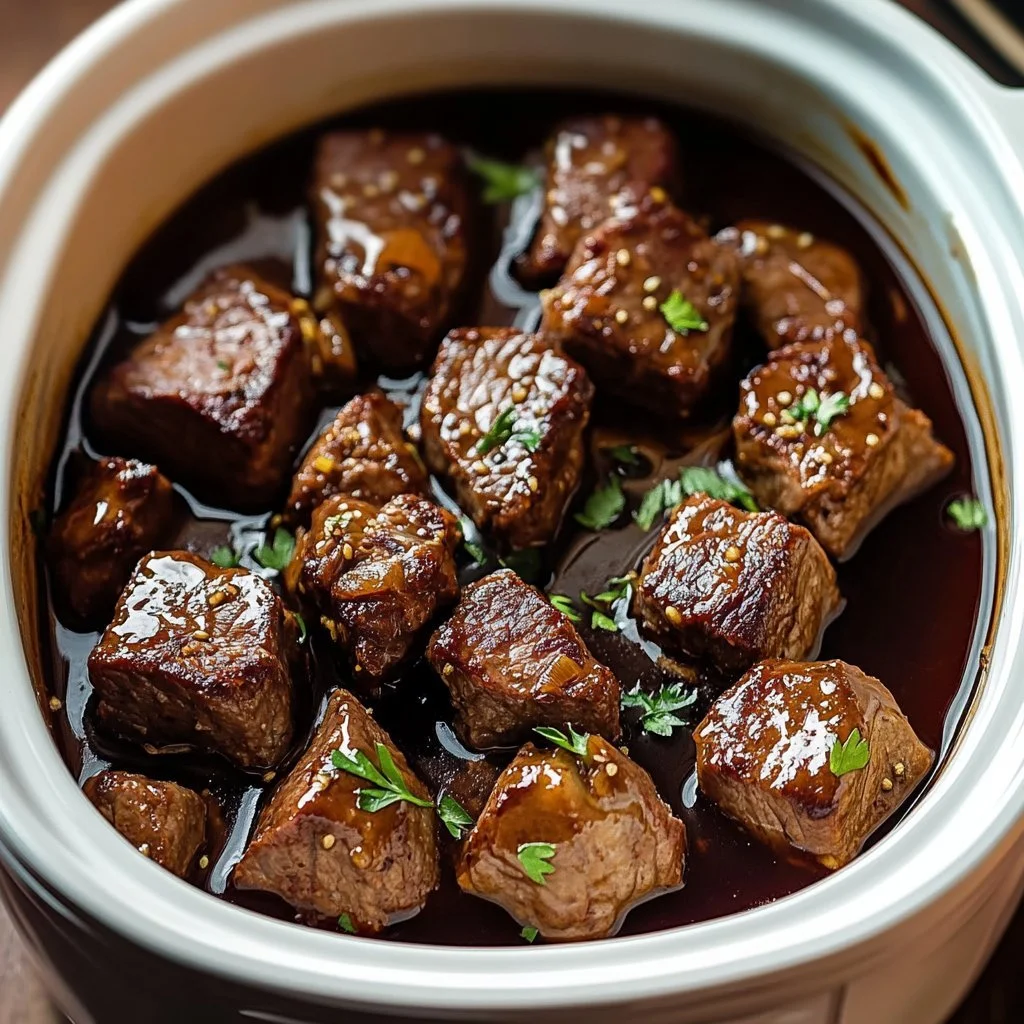 Slow cooker honey garlic steak bites served on a plate with garnishes.