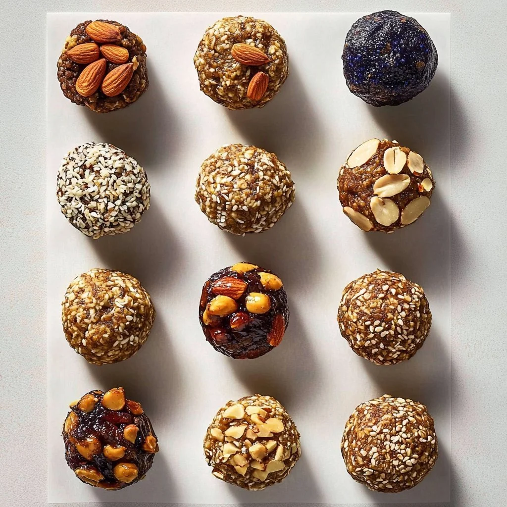 No bake energy bites ingredients and finished snack ready to enjoy