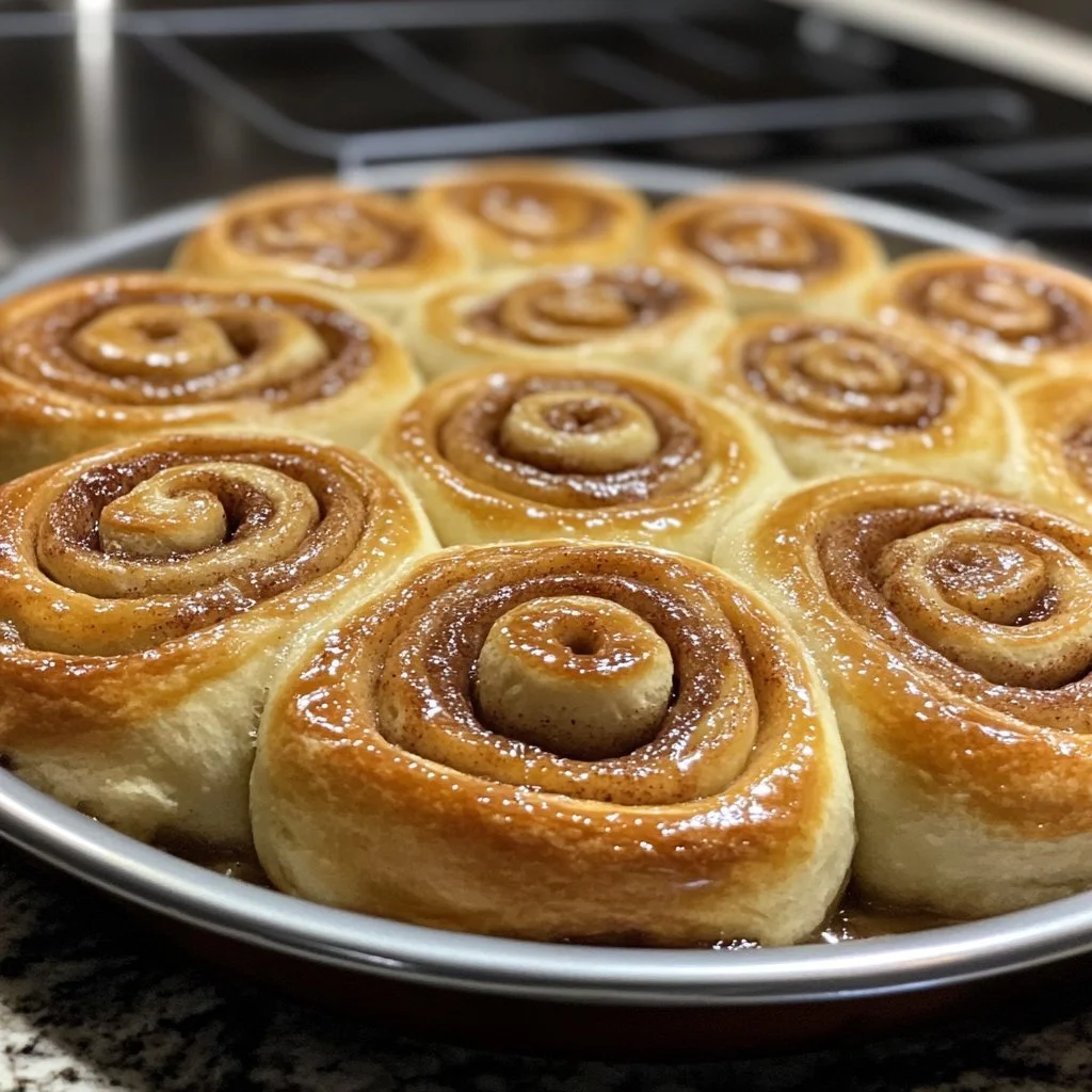Freshly baked no-knead sourdough cinnamon rolls with icing on a plate