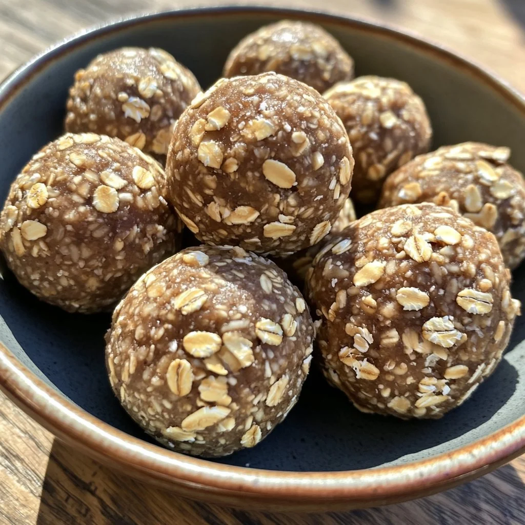 Vegan oat peanut butter date balls on a plate, healthy snack option.