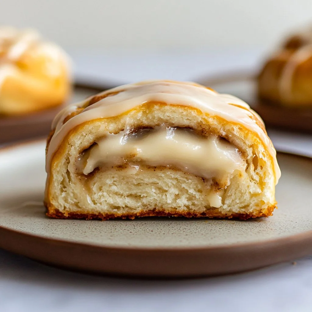 Freshly baked overnight pillowy sourdough cinnamon rolls topped with icing
