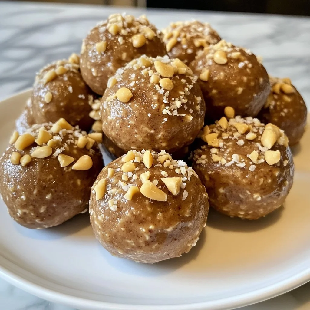Healthy peanut butter protein balls recipe with ingredients and serving suggestion