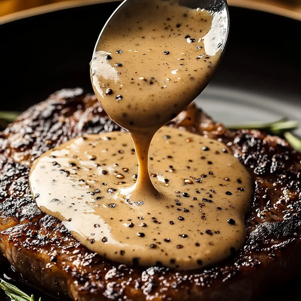 Creamy homemade peppercorn sauce drizzling over a perfectly cooked steak.