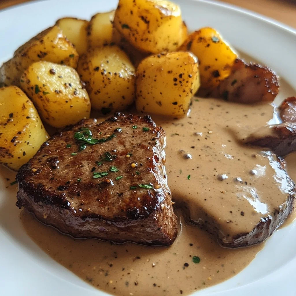 Delicious peppercorn sauce drizzling over a perfectly cooked steak