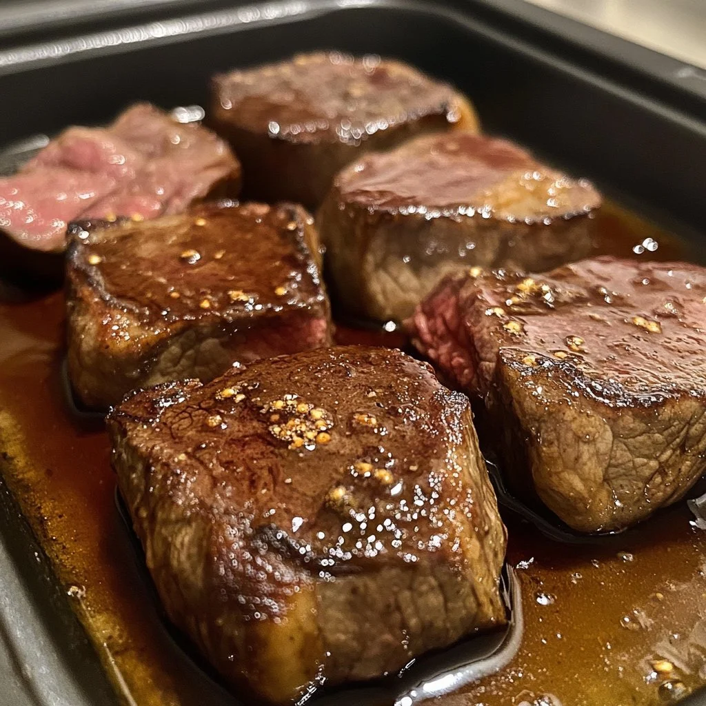 Perfectly cooked deer steaks seasoned and ready to serve from the oven