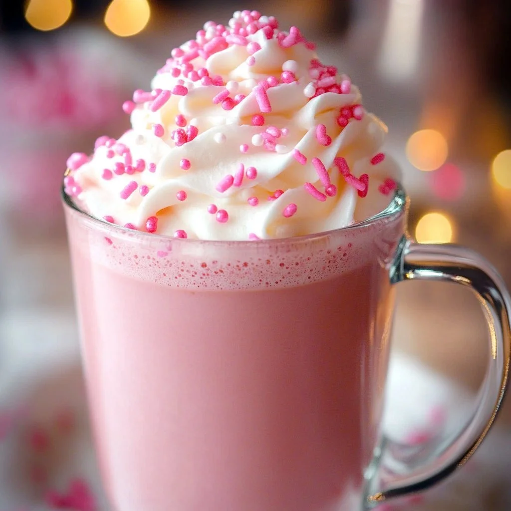 A delicious cup of pink hot chocolate topped with whipped cream and sprinkles.