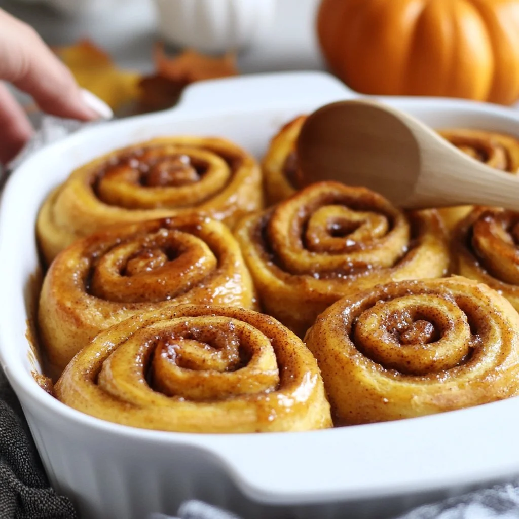 Freshly baked pumpkin sourdough cinnamon rolls with icing on top