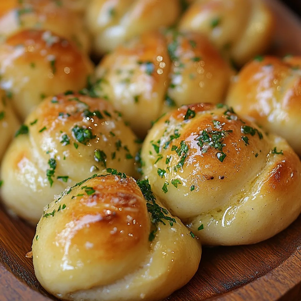 Freshly baked sourdough garlic knots topped with herbs and garlic butter