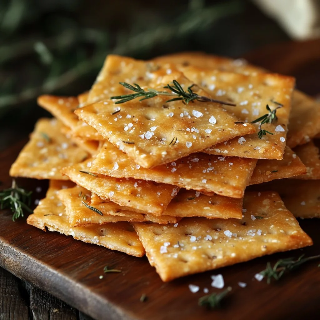 Rosemary sea salt sourdough crackers on a plate, perfect for snacks.
