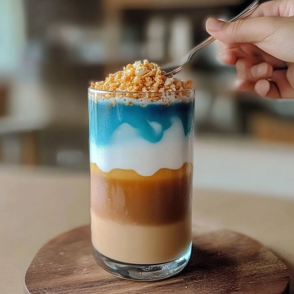 Salted Caramel Butterfly Pea Latte with a vibrant blue color and creamy foam