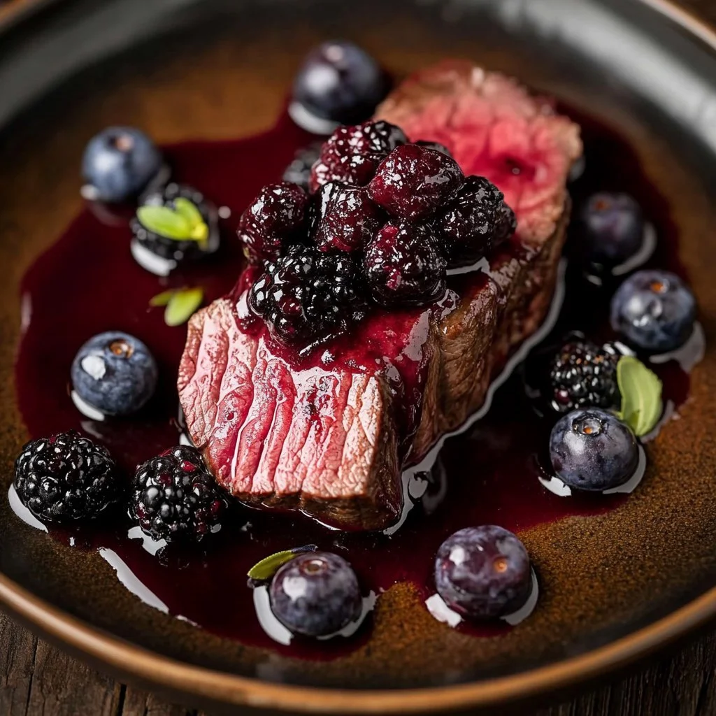 Scandinavian-style venison tenderloin with blueberry sauce on a plate