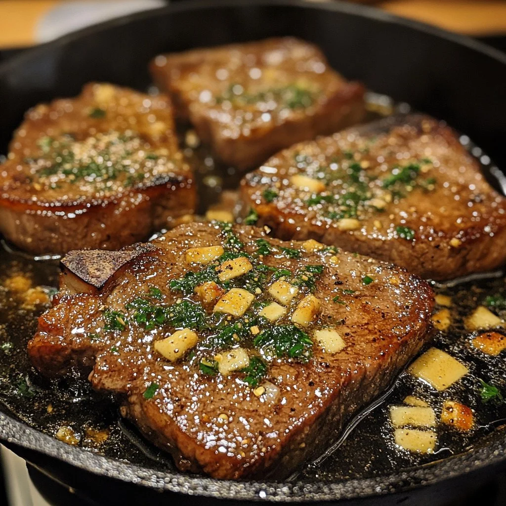 Delicious Cowboy Butter Steak sizzling on the grill with herbs and spices.