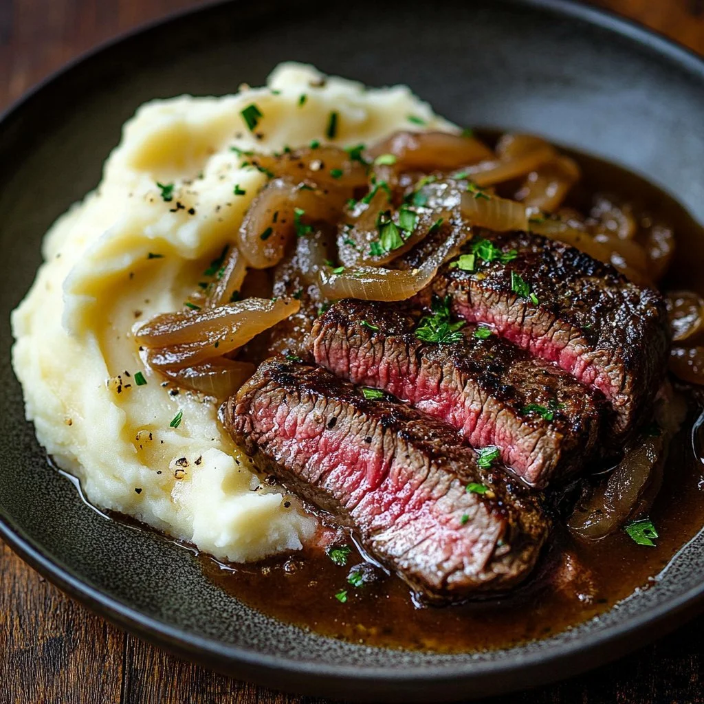 Slow cooker braised steak with vegetables in a serving bowl