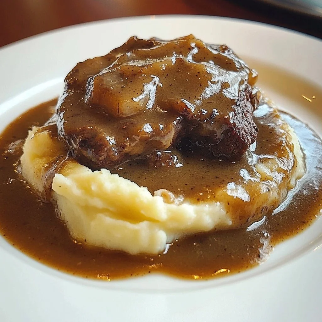 Slow Cooker Minute Steak with rich gravy served on a plate
