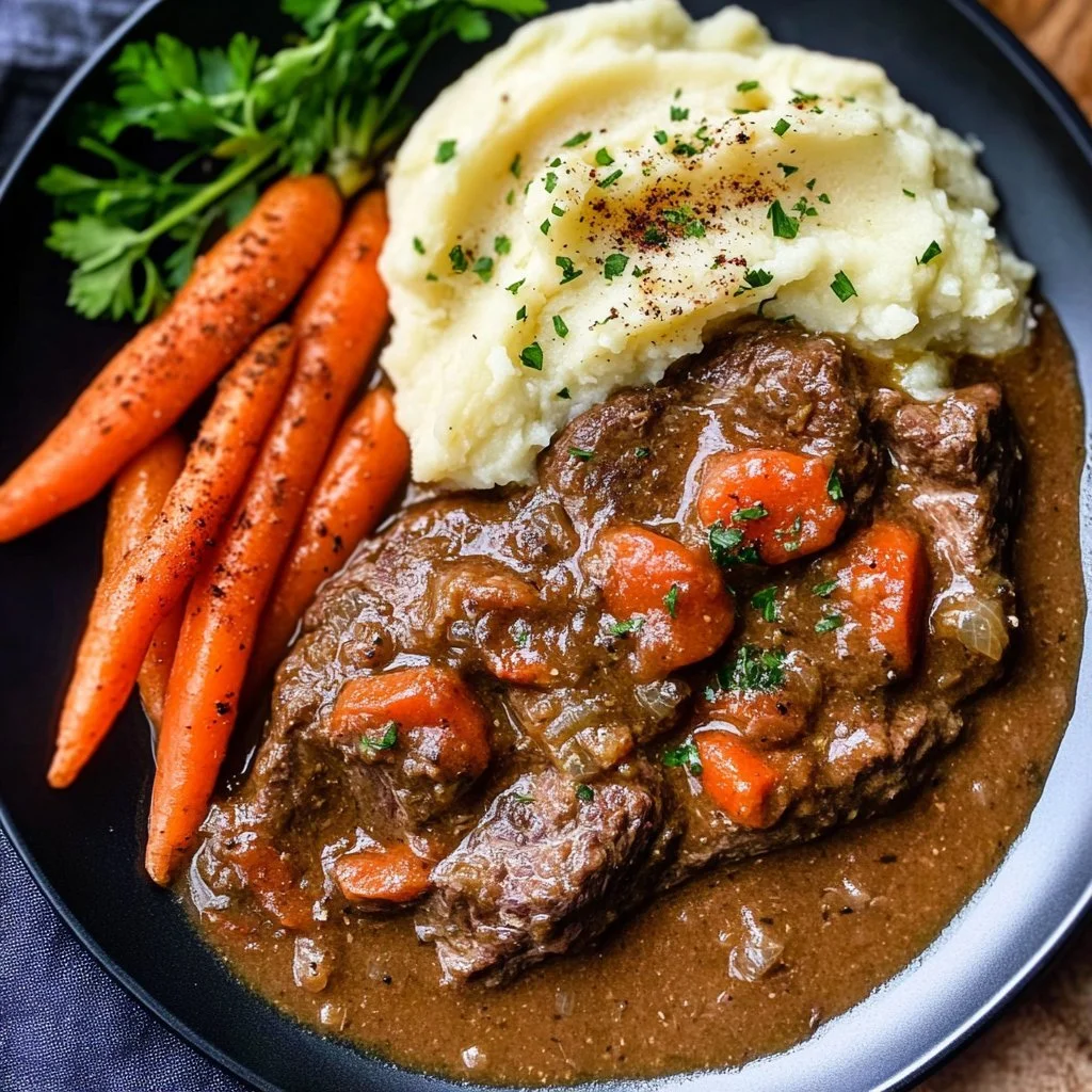 Delicious Slow Cooker Swiss Steak served with vegetables and gravy