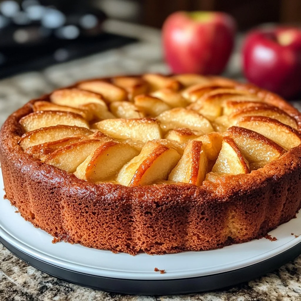 Delicious sourdough apple cake topped with fresh apple slices and a dusting of sugar.