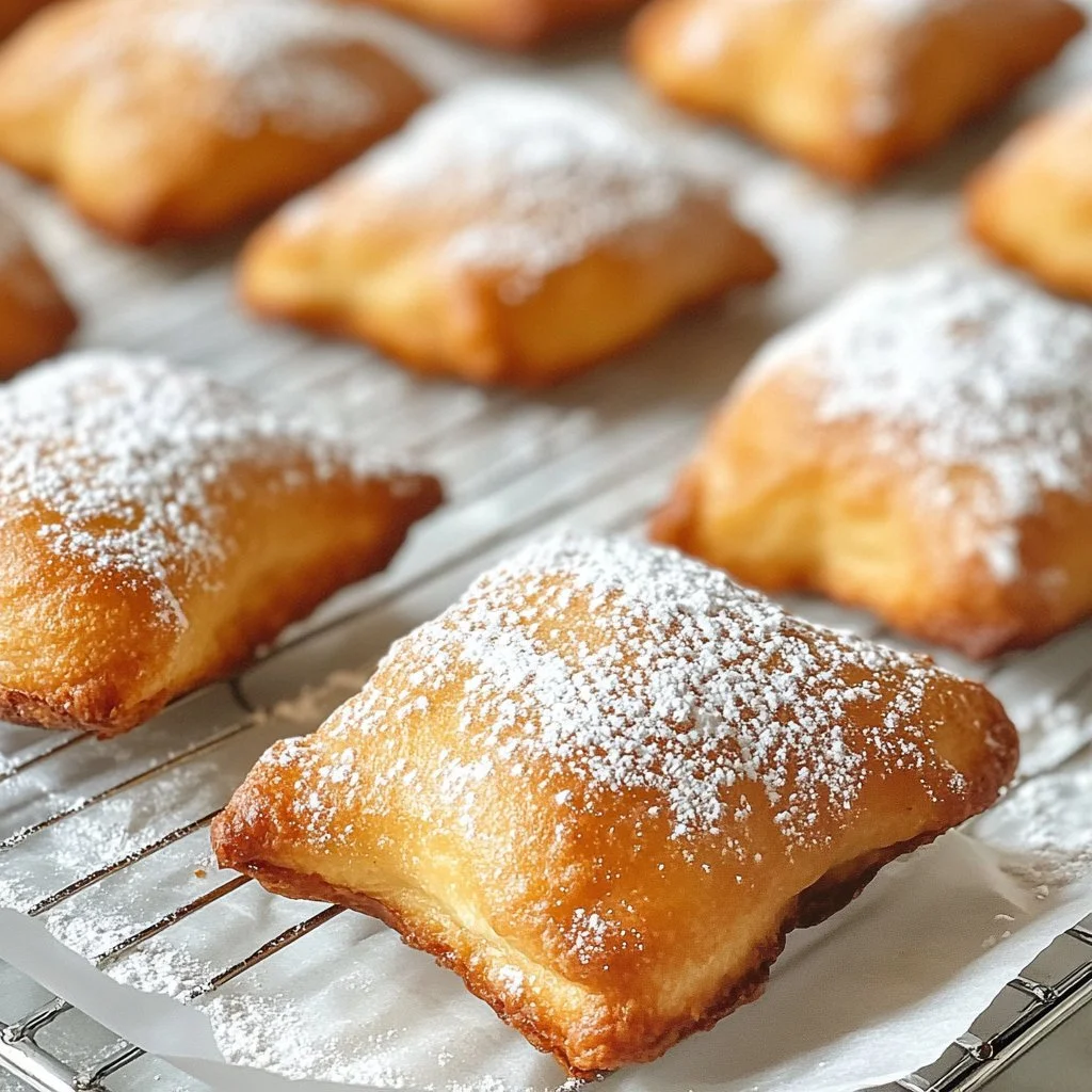 Freshly cooked sourdough beignets dusted with powdered sugar