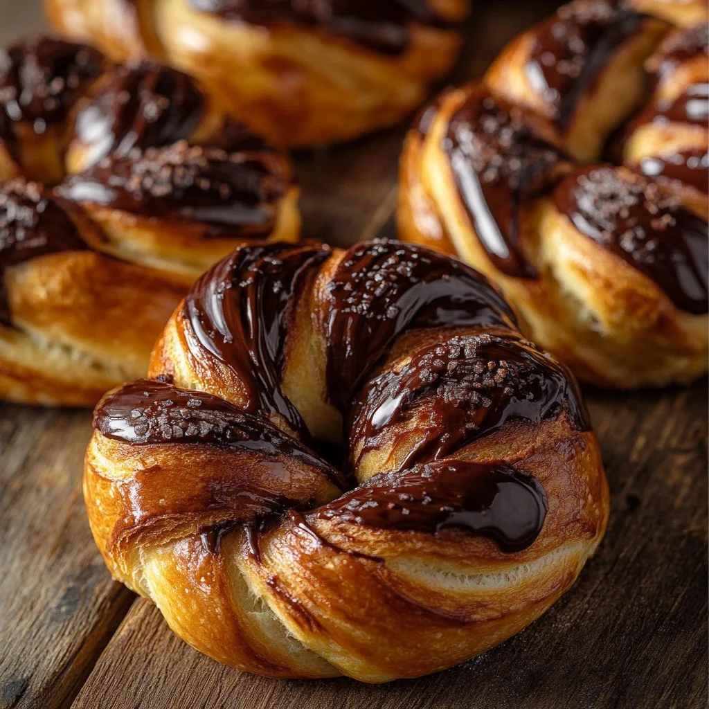 Freshly baked sourdough chocolate knots topped with sweet chocolate glaze.